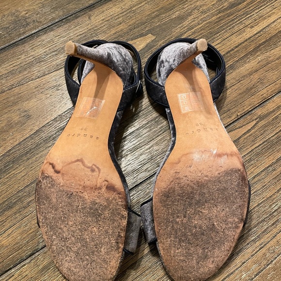 Sandro Nina Dark Blue Velvet T-Strap Sandal Stiletto Heels Size 8.5 Party City - Picture 9 of 11